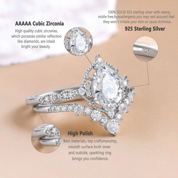 Wedding Rings for Women Sterling Silver Cubic Zirconia Engagement Sets - Picture 2 of 7